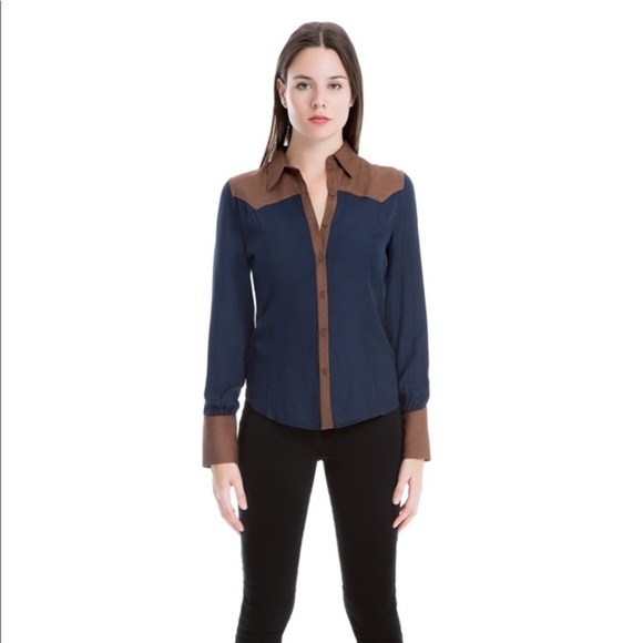 New Max Studio COLOR-BLOCK BUTTON-DOWN SHIRT - Picture 1 of 7